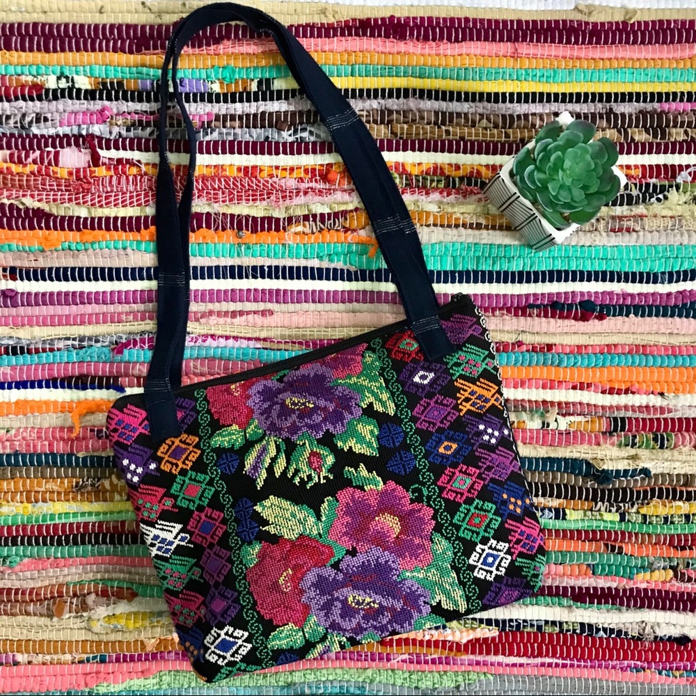 Vintage ~ Floral needlepoint patchwork bag